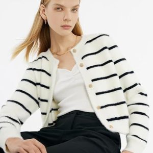 Womens Jumpers & Cardigans |  Ellie Cotton Wool Knitted Jacket Ivory Navy Clothing Ivory Navy