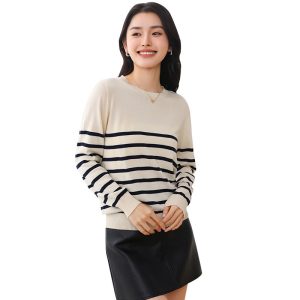 Womens Jumpers & Cardigans |  Larina Cashmere Stripe Jumper Ivory Navy Clothing Ivory Navy