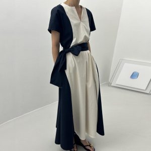 Womens Occasion Dresses |  Emery Tie Belted Midi Dress Navy Cream Dresses Evening Dresses